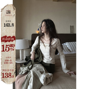 假两件设计打底上衣 修身 JMWOMEN乳酪黄复古碎花层次长袖 T恤女秋季