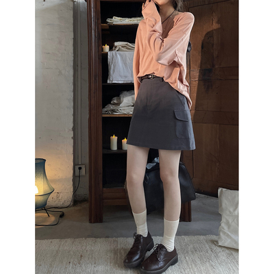 JMWOMEN 中古黄油 灰色复古水洗棉麻高腰半身裙女春季宽松a字短裙