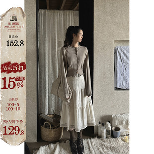 JMWOMEN花瓣卷边 上衣 燕麦卡其色复古针织圆领毛衣秋宽松软糯开衫