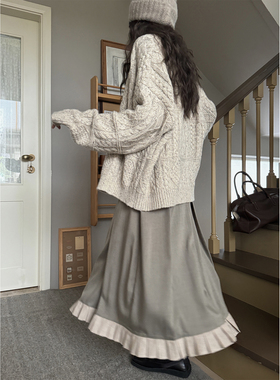 JMWOMEN 「米浆后茶岛」复古麻花扭织毛衣女冬宽松粗针织开衫外套