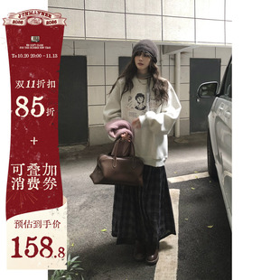 JMWOMEN 布朗手稿 浅灰色复古印花卫衣女冬加绒加厚宽松套头上衣