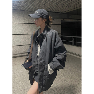 烟灰色夹棉牛仔外套女春秋2026宽松中长款 JMwomen 重工立体倒褶袖