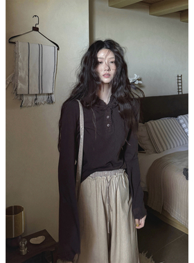 JMWOMEN巧克力棕蕾丝点缀连帽针织长袖T恤女秋季宽松百搭打底上衣