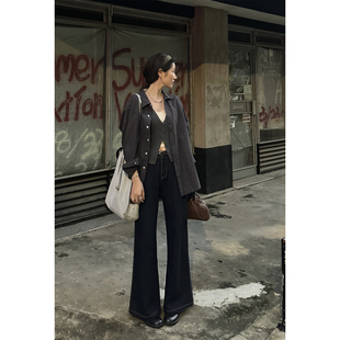 JMWOMEN 单宁蓝复古高腰微喇牛仔裤女2025秋柔肤梨形百搭直筒长裤