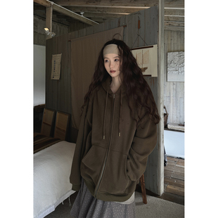 JMWOMEN 棕调绿复古慵懒内羔绒连帽卫衣女冬加绒加厚宽松开衫外套