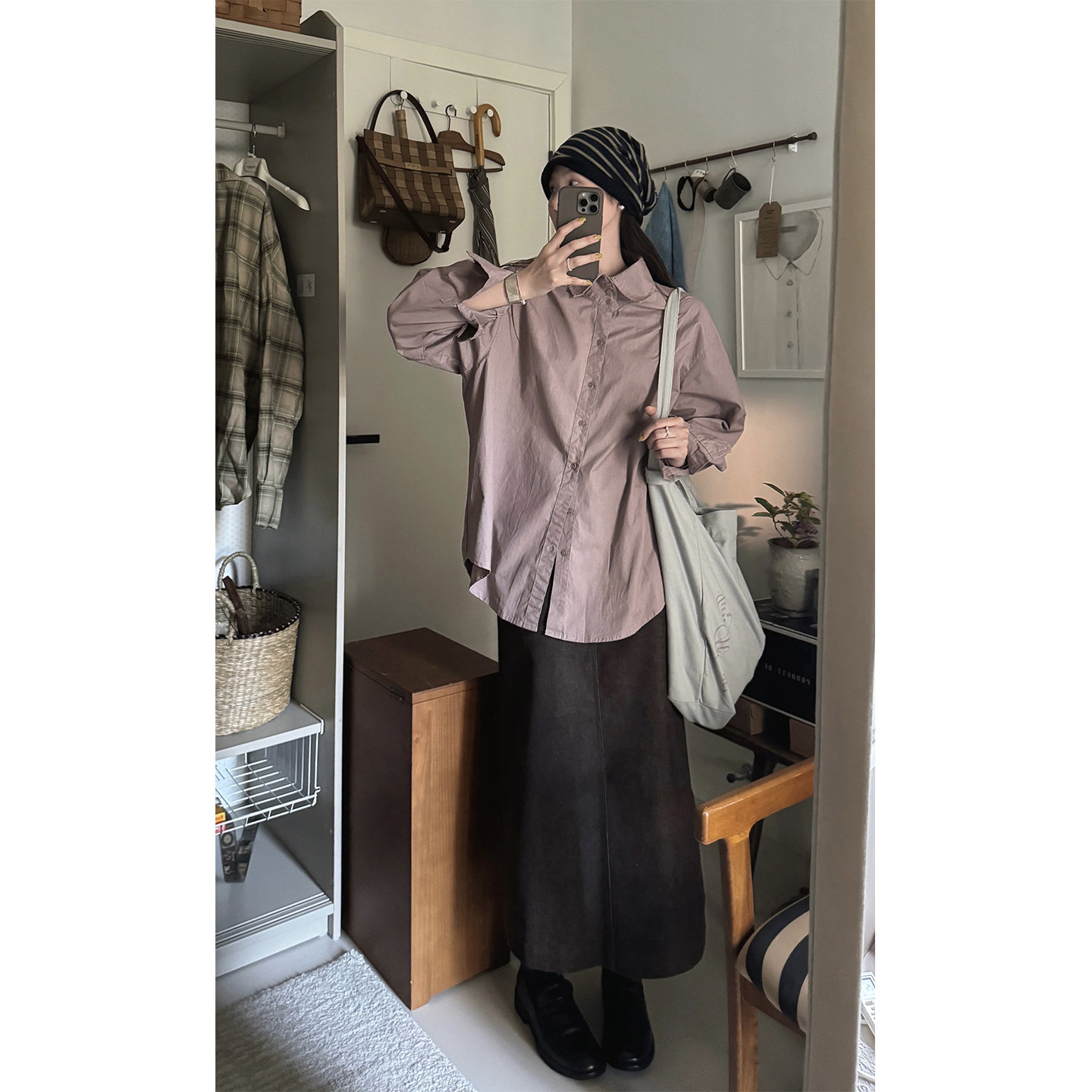 JMWOMEN 暗黛肉桂粉色韩版简约长袖衬衫女秋季宽松高级感翻领上衣图片