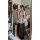 JMWOMEN 暗黛肉桂粉色韩版简约长袖衬衫女秋季宽松高级感翻领上衣