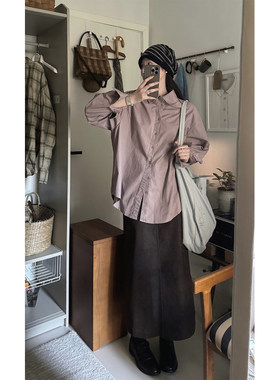 JMWOMEN 暗黛肉桂粉色韩版简约长袖衬衫女春季宽松高级感翻领上衣