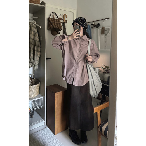 JMWOMEN 暗黛肉桂粉色韩版简约长袖衬衫女秋季宽松高级感翻领上衣