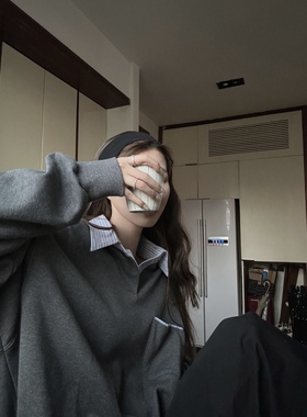 JMwomen收录傍晚灰色中长款衬衫领套头卫衣女春日系叠穿上衣