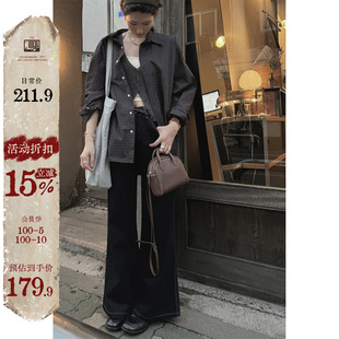 女秋新款 衬衫 宽松百搭翻领外套 深宝蓝色格纹长袖 JMWOMEN深邃质感