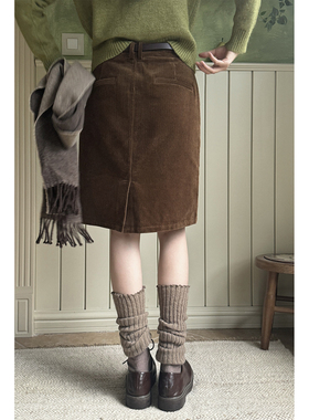 JMWOMEN「棕色焦糖」复古灯芯绒高腰半身裙女冬加厚款宽松中长款