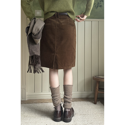 JMWOMEN「棕色焦糖」复古灯芯绒高腰半身裙女冬加厚款宽松中长款