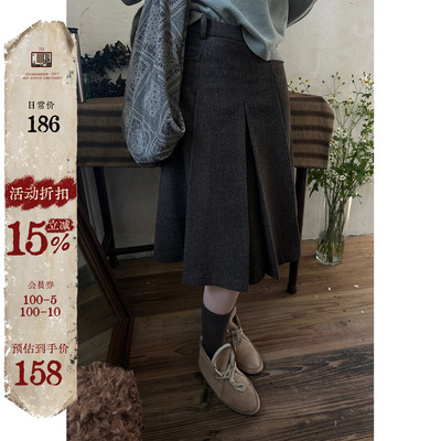 JMWOMEN咖棕色复古毛呢百褶高腰半身裙女2025冬宽松a字中长款裙子