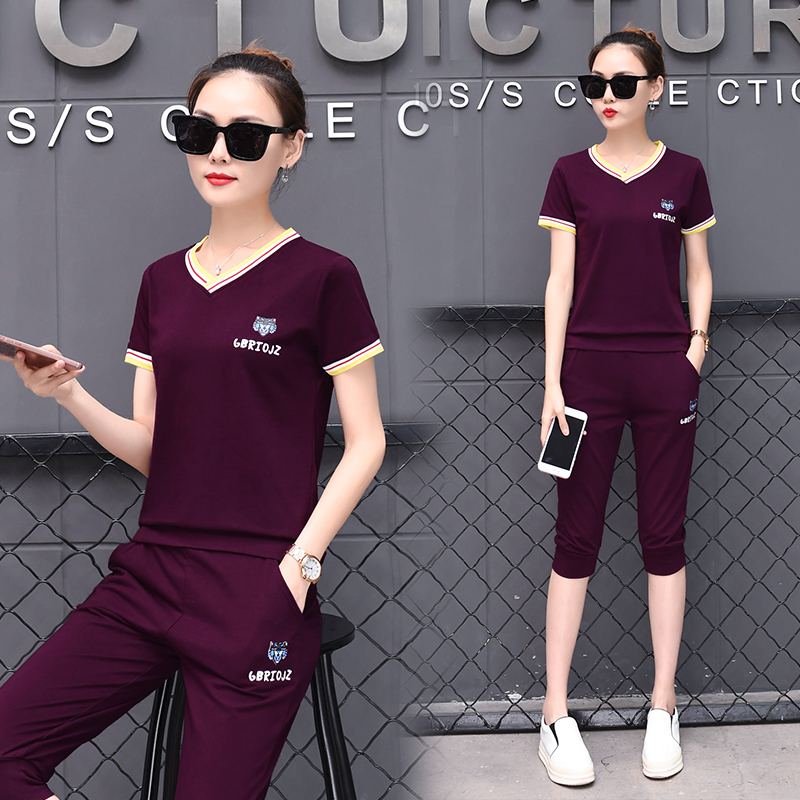 Real shot cotton summer new collar short sleeve Capris sports suit