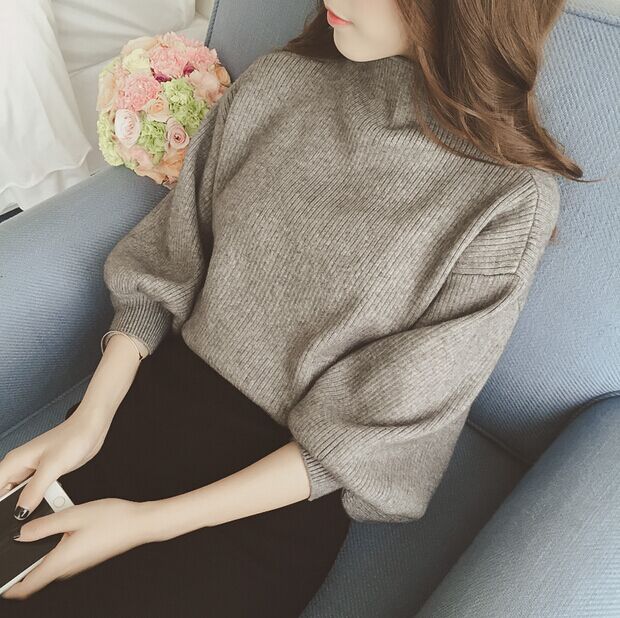 Autumn and winter new half high collar Lantern Sleeve Sweater loose and thick sweater women's bottom coat