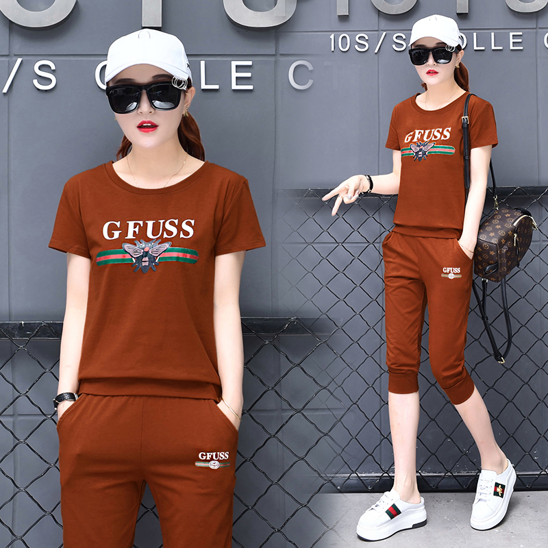 Real shooting summer leisure sports suit two piece slim short sleeve Capris running suit