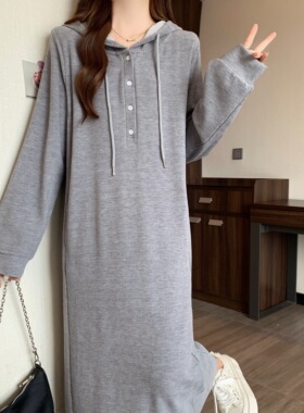 灰色连帽卫衣裙女2023秋冬大码纸片人显瘦宽松内搭外穿懒人长裙子