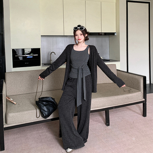 女2025新款 韩系时尚 三件套装 秋季 休闲长款 胖mm条纹背心 套装 开衫