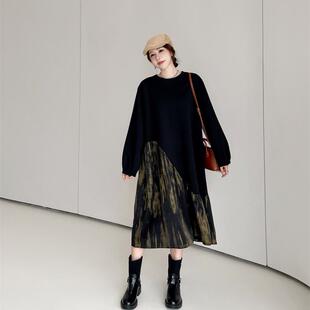 小众设计感宽松中长卫衣裙大码女装拼接荷叶边鱼尾长袖打底连衣裙