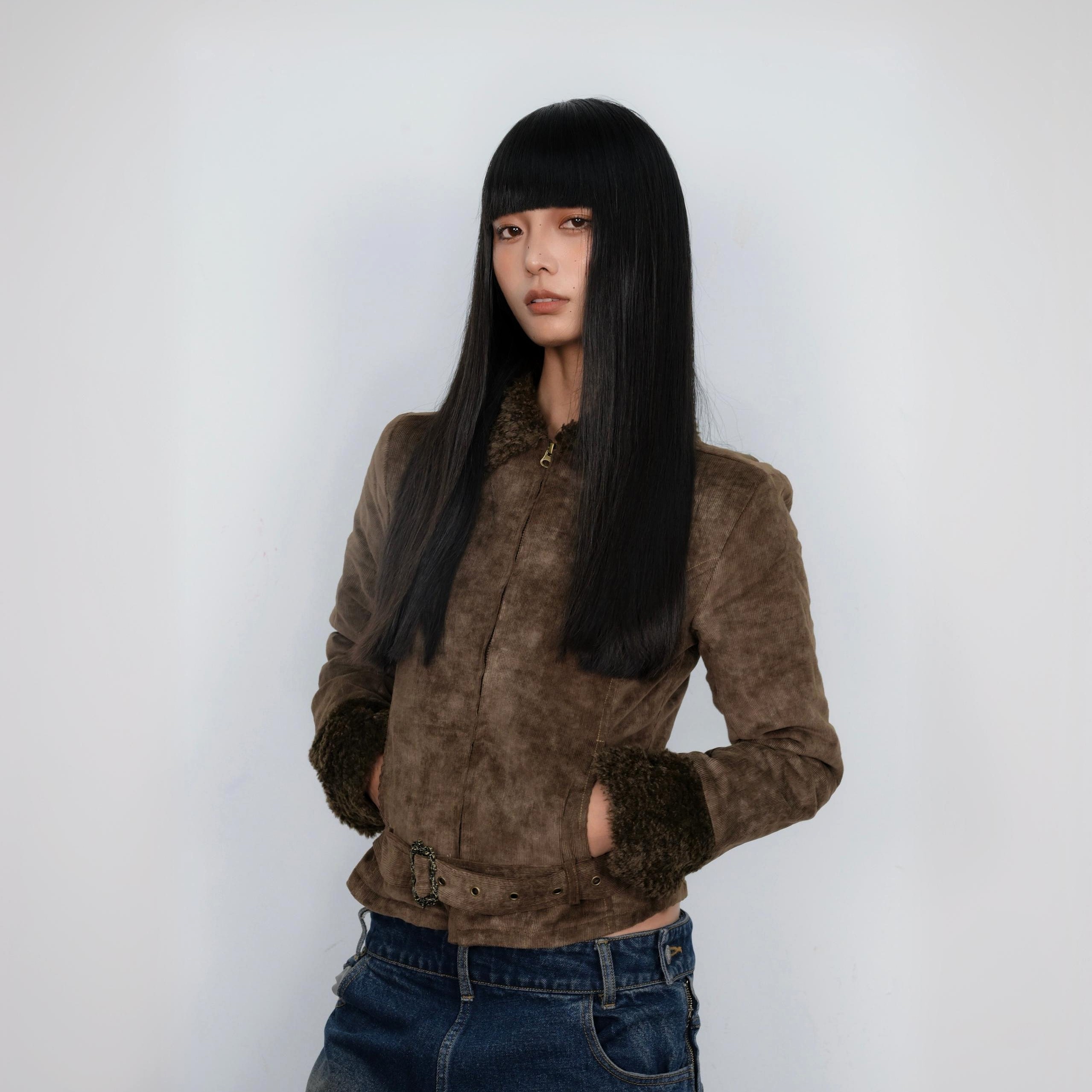 Monday JA 复古羊羔毛短款夹克上衣女秋冬季夹棉加厚修身猎装外套