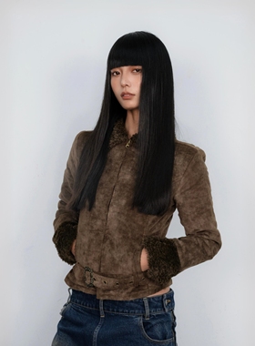 Monday JA 复古羊羔毛短款夹克上衣女秋冬季夹棉加厚修身猎装外套