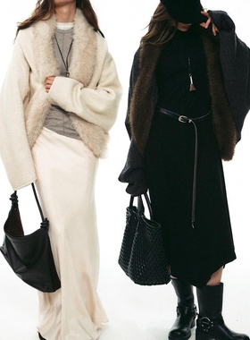 Monday JA 新品92折 法式羊毛呢外套女秋冬季加厚蝙蝠袖毛领上衣