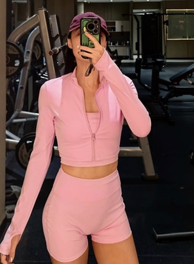 Monday JA 粉色休闲套装女 弹力外套背心吊带短裤修身运动三件套