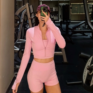 Monday JA 粉色休闲套装女 弹力外套背心吊带短裤修身运动三件套