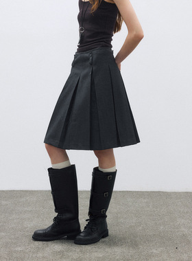 Monday JA 学院黑色纽扣羊毛高腰半身裙女秋冬季休闲A字百褶裙子