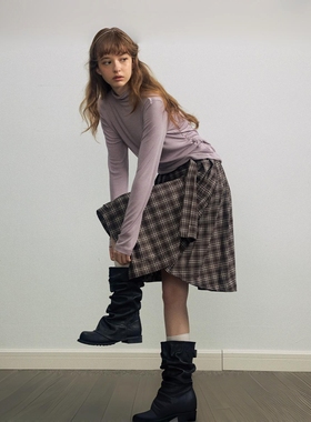 Monday JA 复古高腰不规则飘片格子半身裙女秋冬季宽松百搭短裙子