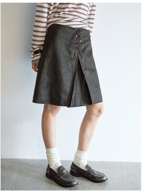 Monday JA 复古做旧水洗绑带A字裙女 秋季褶皱时髦低腰半身裙子