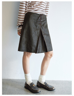 Monday JA 复古做旧水洗绑带A字裙女 秋季褶皱时髦低腰半身裙子