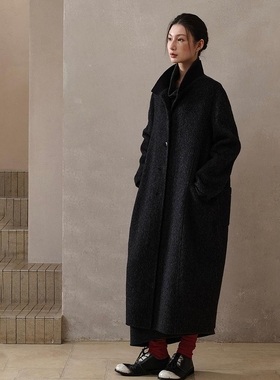 Monday JA 罗纹领带帽长款双面呢羊毛呢大衣外套女秋冬季羊绒上衣