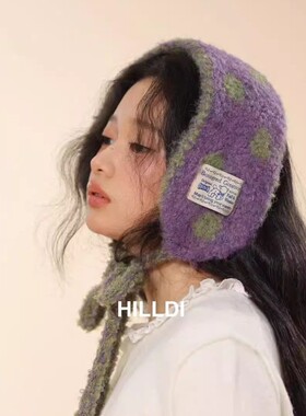 Monday JA 复古波点针织绑带护耳女秋冬保暖防风可爱耳罩毛线帽衫