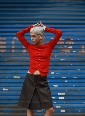 Monday JA 复古红色简约羊毛针织衫女秋季圆领修身开衫针织外套