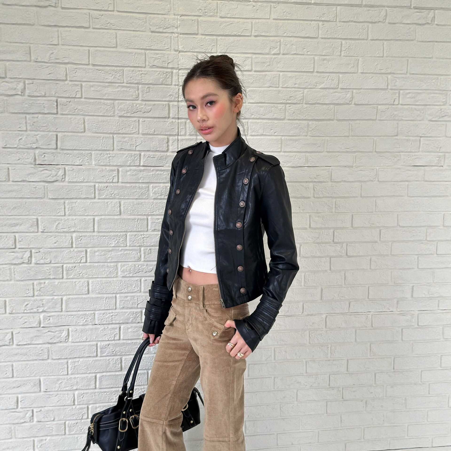 Monday JA 拿破仑双排扣机车收腰皮衣外套女古着翻领显瘦短款夹克