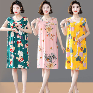 连衣裙 2022夏季 新款 棉绸睡裙女中老年居家睡衣遮肚妈妈装 人棉无袖