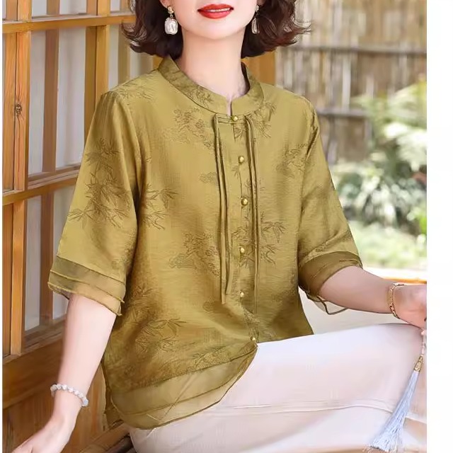 2025新款妈妈夏装新中式圆领衬衫洋气中老年女装气质国风短袖上衣