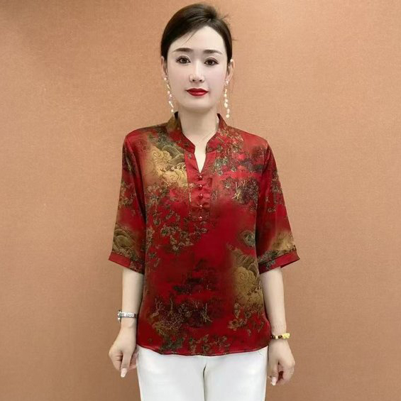 中老年时尚女装百搭中袖妇女t恤洋气妈妈夏装新款短袖上衣服小衫