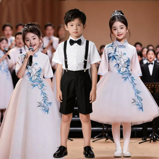 儿童合唱团小学生爱国演讲诗歌朗诵比赛演出服少儿蓝色女童礼服装