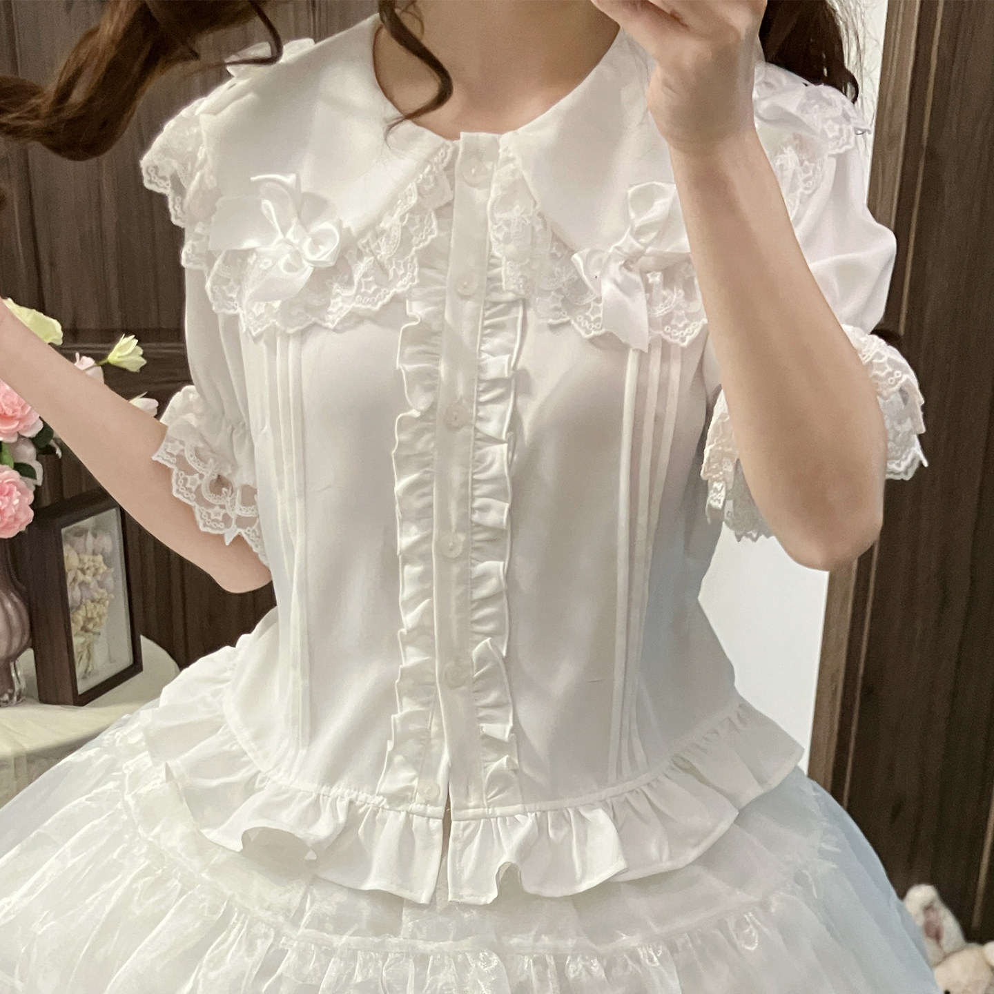 「NANACO」小奶糖衬衫 原创lolita内搭蝴蝶结蕾丝系带雪纺长袖