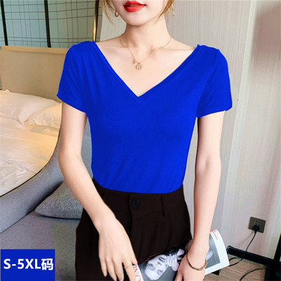 莫代尔短袖t恤女大码性感前后大v领口低胸漏背上衣克莱因蓝半袖夏