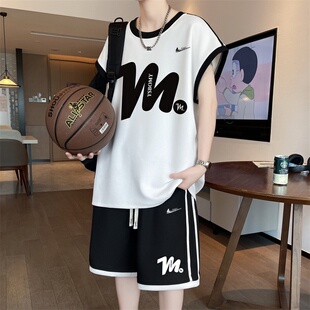 耐克顿运动套装男夏季速干背心短裤青少年潮牌篮球服宽松两件套薄