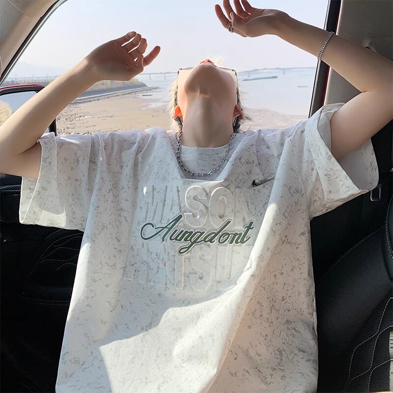 耐克顿夏季短袖男款宽松钢印五分袖青少年半袖体恤美式风凉感T恤