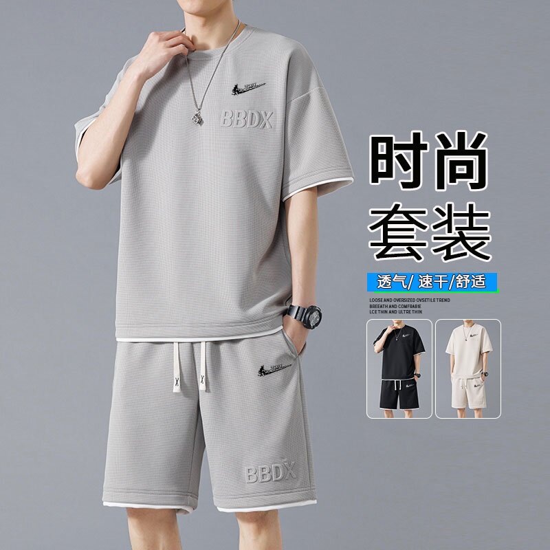 耐克顿夏季休闲短袖套装男华夫格时尚百搭T恤大码运动短裤两件套