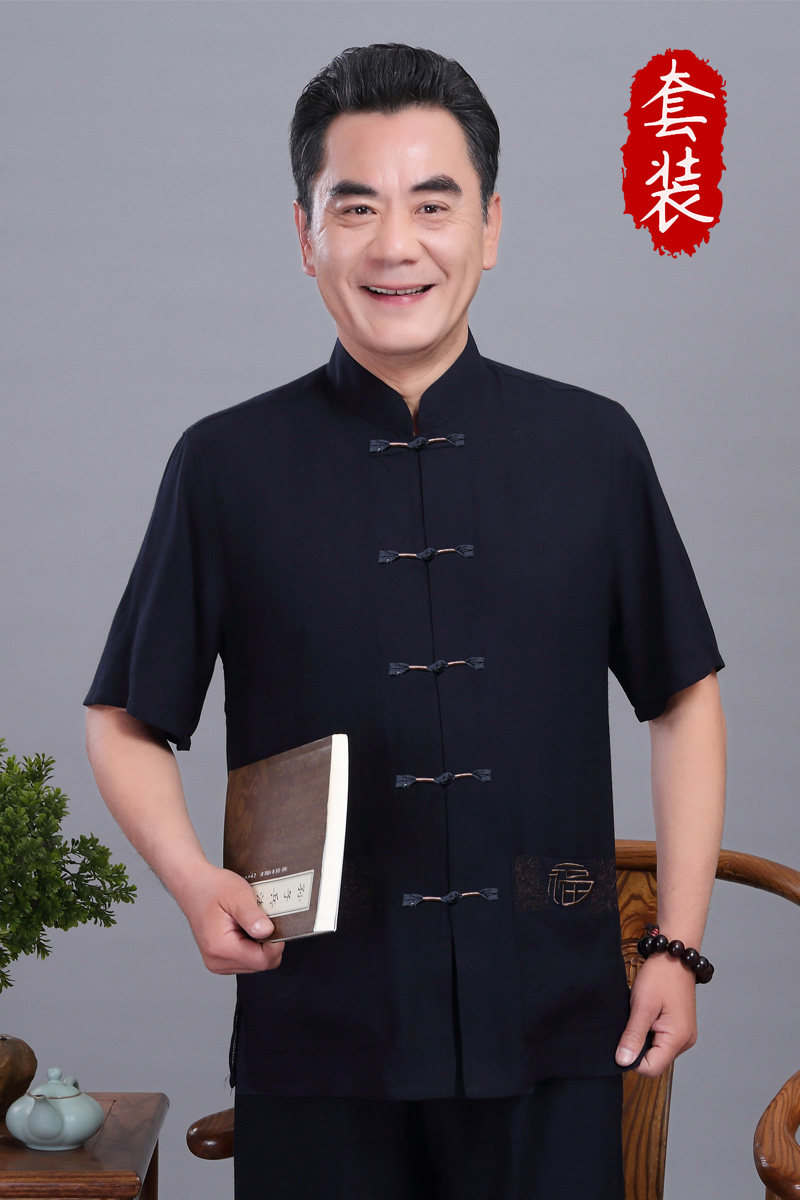 786/P70爸爸短袖唐装套装老人中国风刺绣福字太极服夏季装男,男装民族服装,星座1216（原钱塘722）