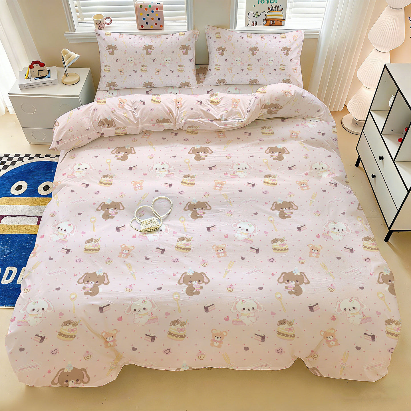 全棉甜点兔四件套0.9m宿舍床1.2m单人床儿童房100%纯棉被套可定制