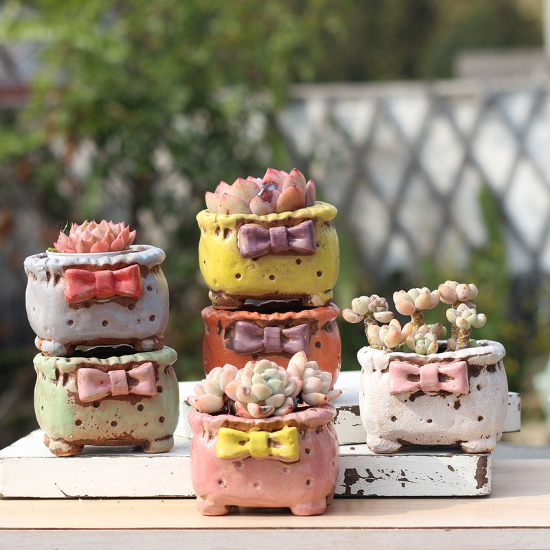 韩式创意蝴蝶结花盆粗陶透气陶瓷盆手工肉肉盆马卡龙带脚控养陶盆,鲜花速递/花卉仿真/绿植园艺,花盆,淘宝优惠券,粉丝福利购,淘宝优惠卷