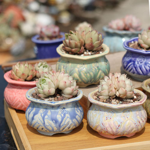 粗陶窑变流釉印章花盆